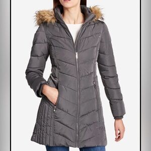 Tommy Hilfiger Women's Gray Puffer Coat with Faux Fur Trim
